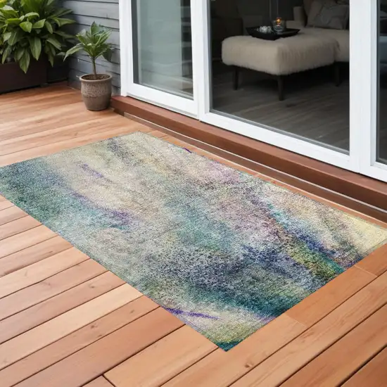 Beige Blue and Gray Abstract Washable Non Skid Indoor Outdoor Area Rug Photo 1