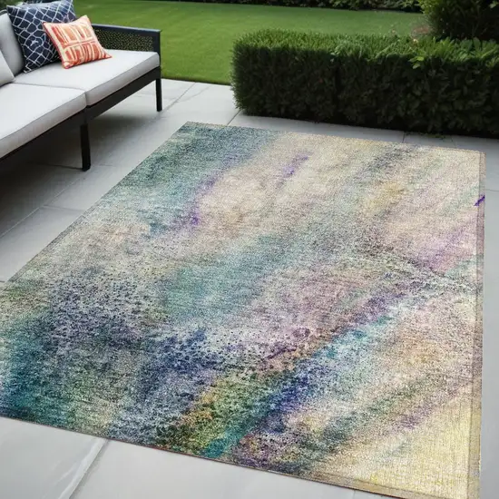 Beige Blue and Gray Abstract Washable Non Skid Indoor Outdoor Area Rug Photo 1