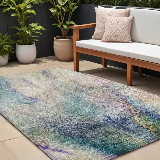 Beige Blue and Gray Abstract Washable Non Skid Indoor Outdoor Area Rug Photo 1