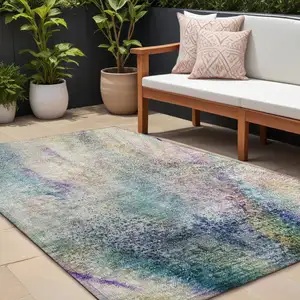 Photo of Beige Blue and Gray Abstract Washable Non Skid Indoor Outdoor Area Rug