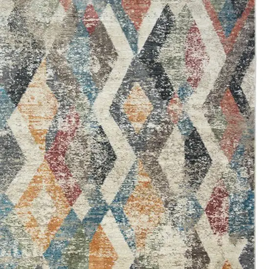 Beige Blue and Gray Geometric Distressed Area Rug With Fringe Photo 3