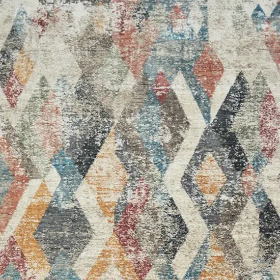 Beige Blue and Gray Geometric Distressed Area Rug With Fringe Photo 5