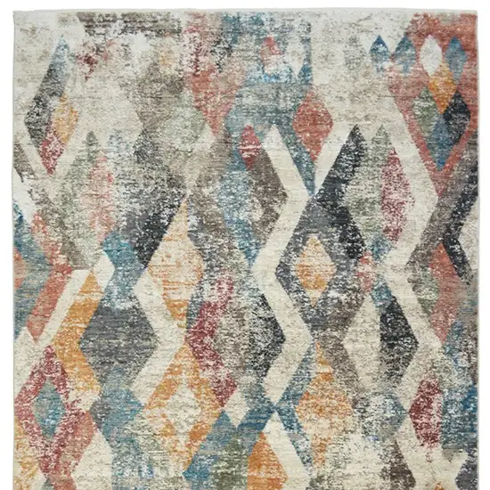 Beige Blue and Gray Geometric Distressed Area Rug With Fringe Photo 4