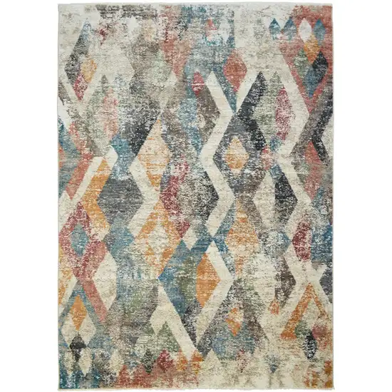 Beige Blue and Gray Geometric Distressed Area Rug With Fringe Photo 2