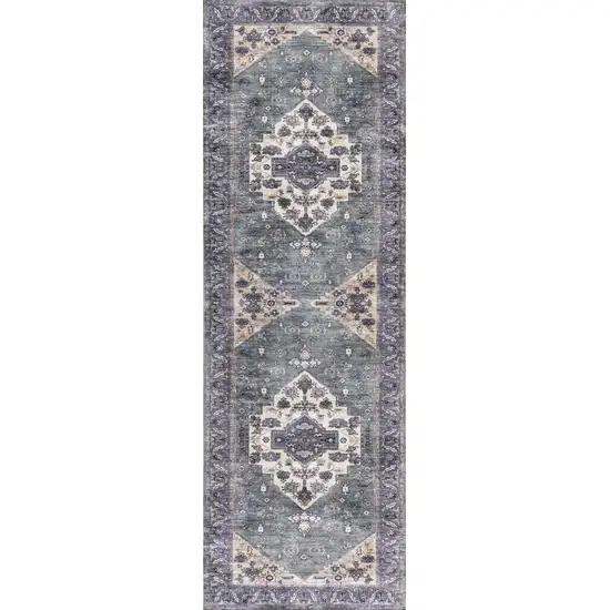 Beige Blue and Gray Oriental Power Loom Distressed Washable Non Skid Runner Rug Photo 2