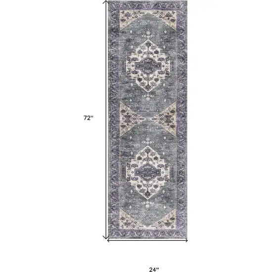 Beige Blue and Gray Oriental Power Loom Distressed Washable Non Skid Runner Rug Photo 3