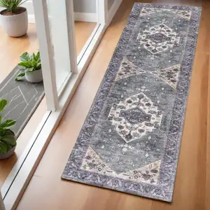 Photo of Beige Blue and Gray Oriental Power Loom Distressed Washable Non Skid Runner Rug