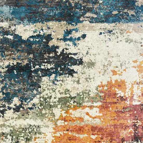 Beige Blue and Ivory Abstract Distressed Area Rug With Fringe Photo 3