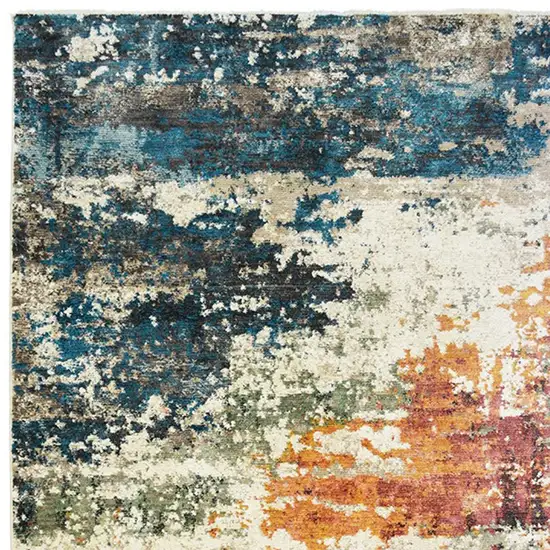 Beige Blue and Ivory Abstract Distressed Area Rug With Fringe Photo 4