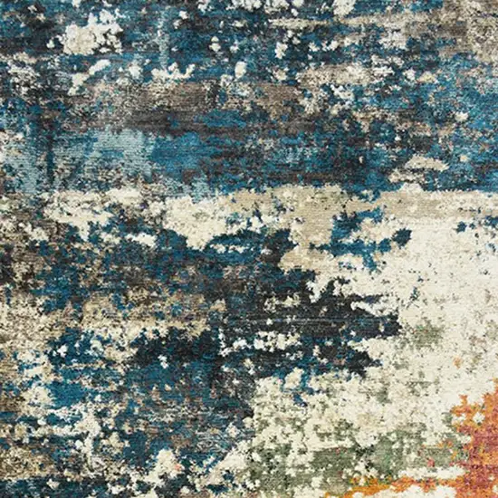 Beige Blue and Ivory Abstract Distressed Area Rug With Fringe Photo 3