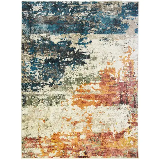 Beige Blue and Ivory Abstract Distressed Area Rug With Fringe Photo 2