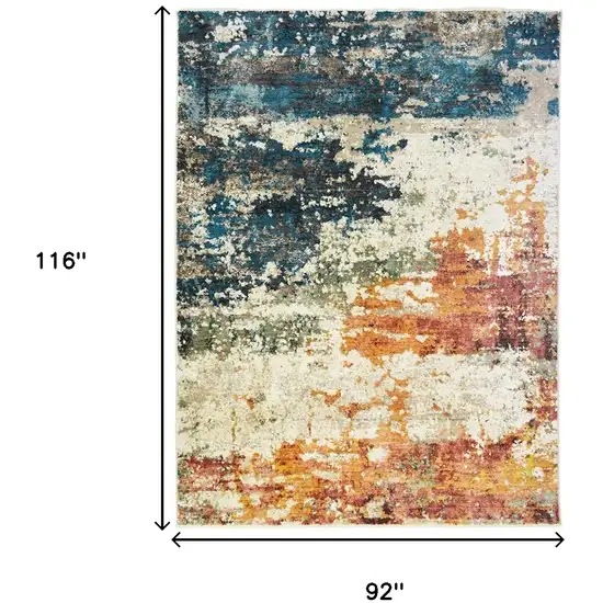 Beige Blue and Ivory Abstract Distressed Area Rug With Fringe Photo 5