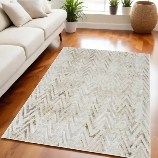 Beige Blue and Ivory Chevron Distressed Non Skid Area Rug Photo 1