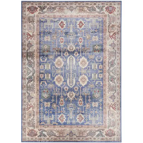 Beige Blue and Red Oriental Distressed Non Skid Area Rug Photo 2