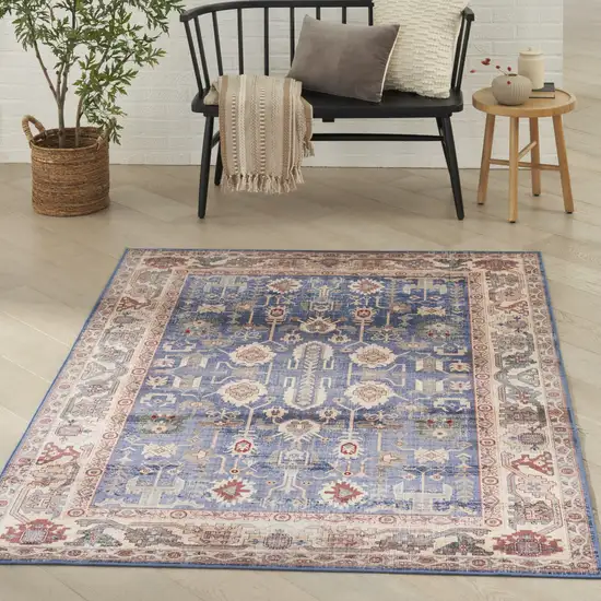 Beige Blue and Red Oriental Distressed Non Skid Area Rug Photo 9