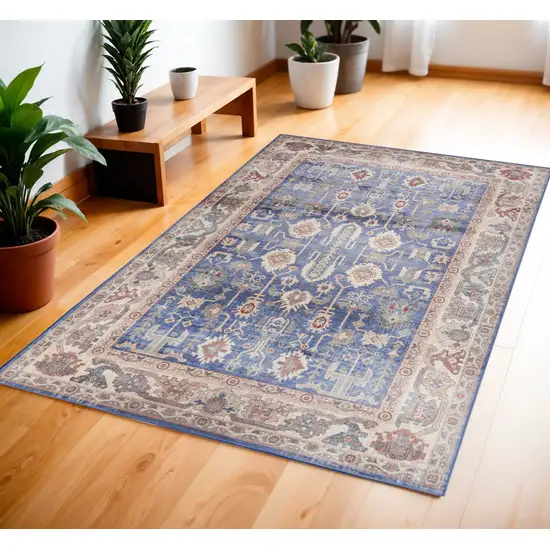 Beige Blue and Red Oriental Distressed Non Skid Area Rug Photo 1