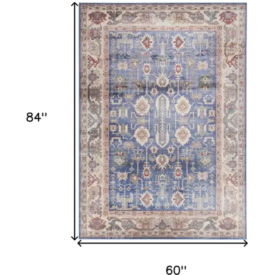 Beige Blue and Red Oriental Distressed Non Skid Area Rug Photo 3