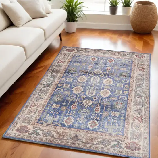 Beige Blue and Red Oriental Distressed Non Skid Area Rug Photo 1