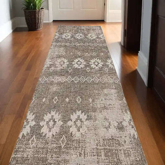 Gray and Ivory Ikat Runner Rug Photo 1