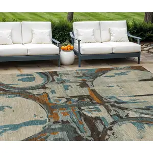 Photo of Beige Brown And Copper Geometric Washable Indoor Outdoor Area Rug