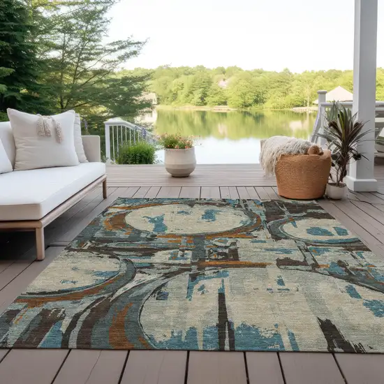 Beige Brown And Copper Geometric Washable Indoor Outdoor Area Rug Photo 9