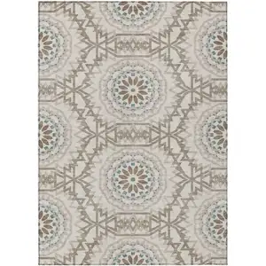 Photo of Beige Brown And Teal Blue Floral Medallion Washable Indoor Outdoor Area Rug