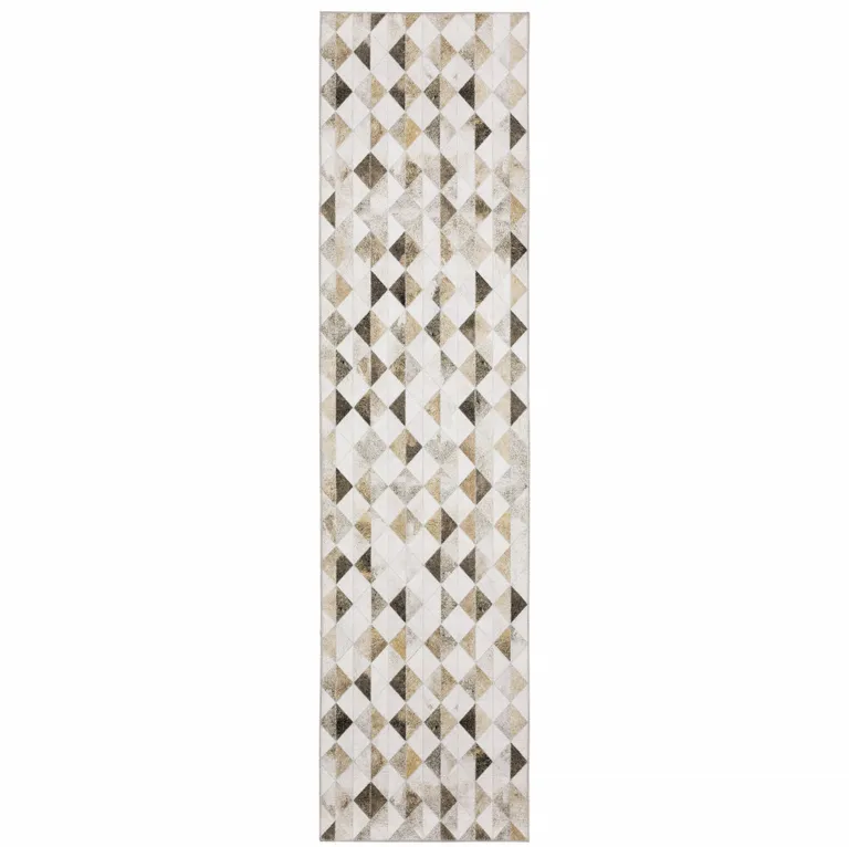 Beige Brown Grey And Ivory Geometric Power Loom Stain Resistant Runner Rug Photo 1