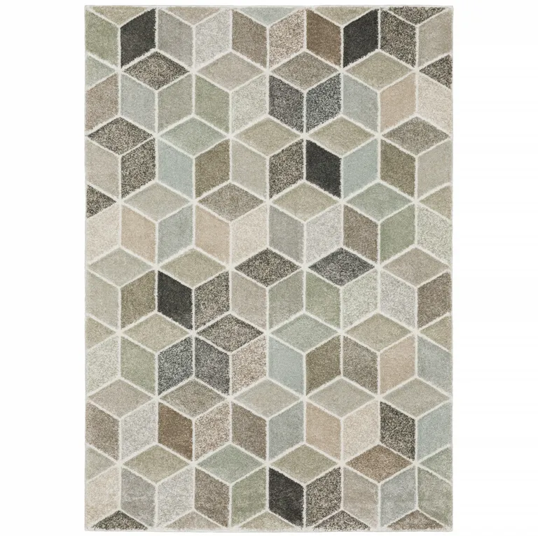 Beige Brown Grey Tan Sage And Pale Blue Geometric Power Loom Stain Resistant Area Rug Photo 1