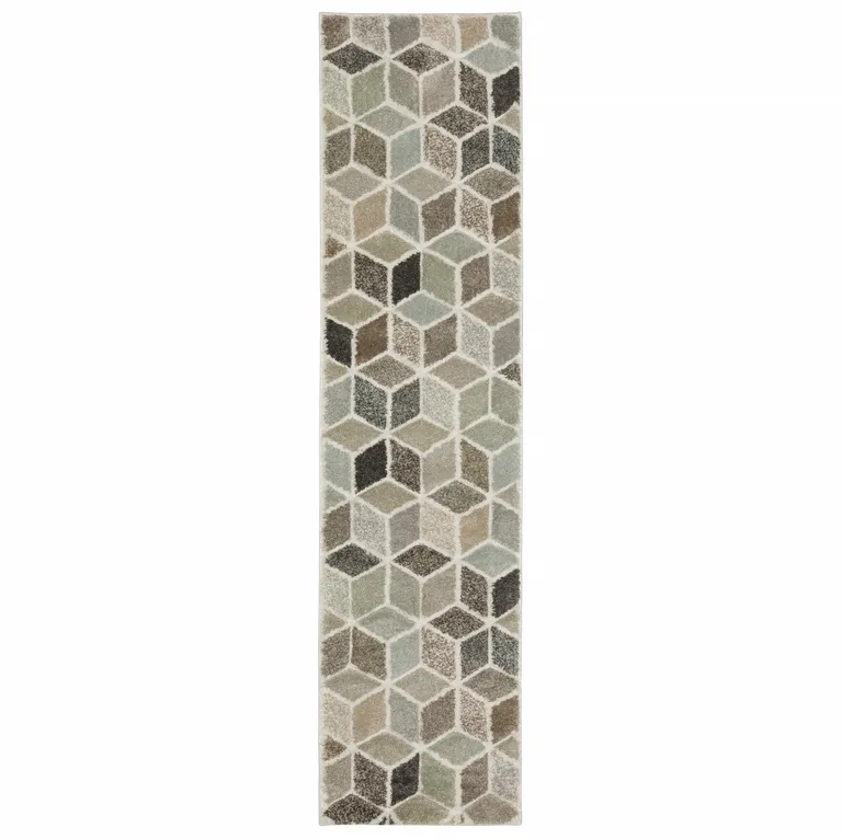 Beige Brown Grey Tan Sage And Pale Blue Geometric Power Loom Stain Resistant Runner Rug Photo 1