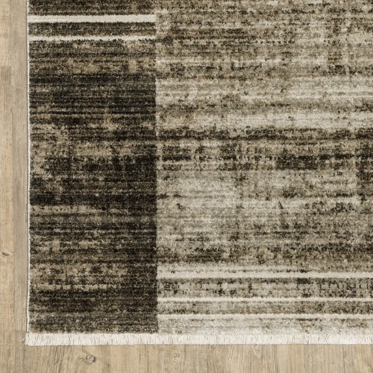 Beige Charcoal Brown Grey Tan Gold And Blue Geometric Power Loom Stain Resistant Area Rug With Fringe Photo 3