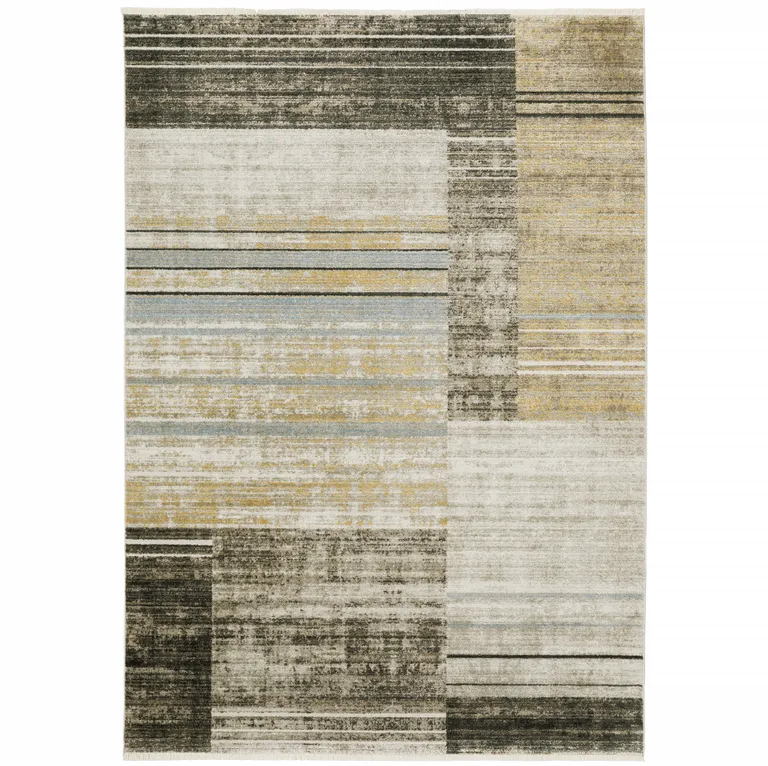 Beige Charcoal Brown Grey Tan Gold And Blue Geometric Power Loom Stain Resistant Area Rug With Fringe Photo 1