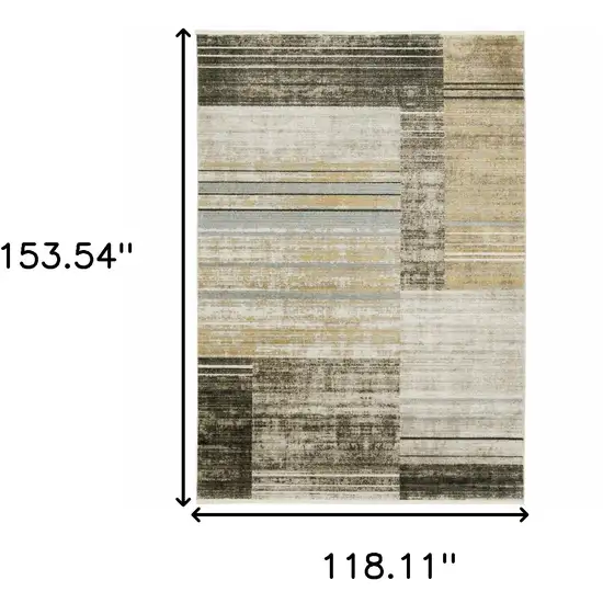 Beige Charcoal Brown Grey Tan Gold And Blue Geometric Power Loom Stain Resistant Area Rug With Fringe Photo 3