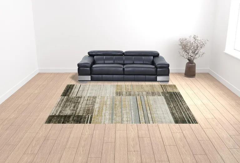 Beige Charcoal Brown Grey Tan Gold And Blue Geometric Power Loom Stain Resistant Area Rug With Fringe Photo 2