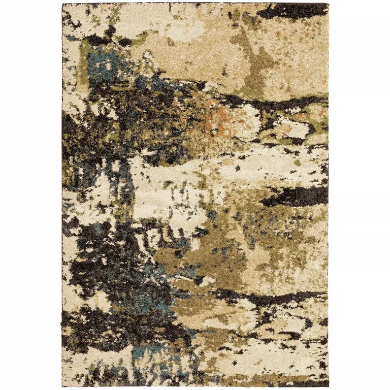 Beige Charcoal Teal And Moss Green Abstract Power Loom Stain Resistant Area Rug Photo 1