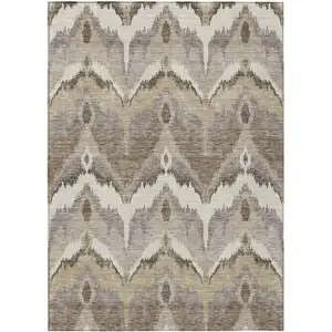 Photo of Beige Chocolate And Taupe Ikat Washable Indoor Outdoor Area Rug