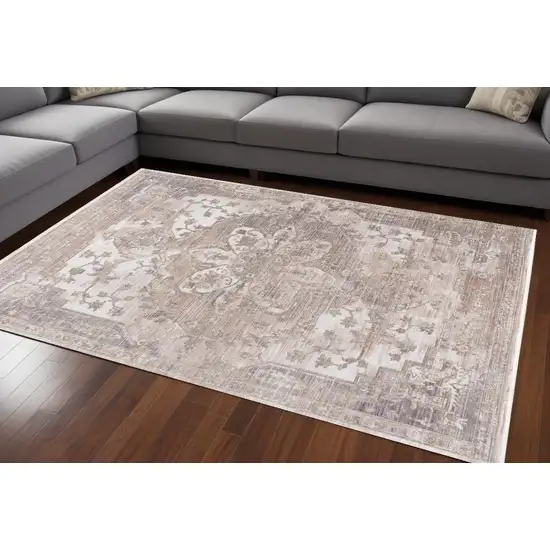 Beige and Ivory Medallion Power Loom Area Rug Photo 1