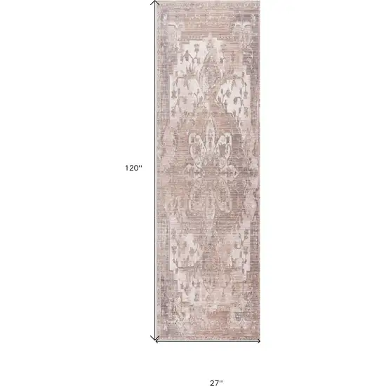 Beige and Ivory Medallion Power Loom Runner Rug Photo 3