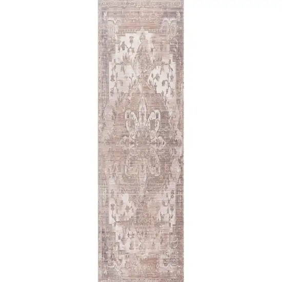 Beige and Ivory Medallion Power Loom Runner Rug Photo 1