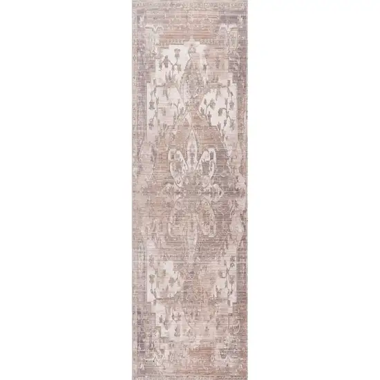 Beige and Ivory Medallion Power Loom Distressed Runner Rug Photo 2