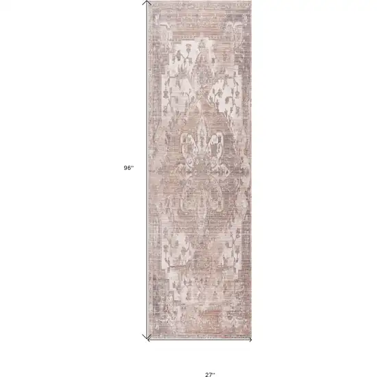 Beige and Ivory Medallion Power Loom Runner Rug Photo 3