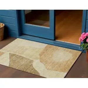 Photo of Beige Copper And Brown Abstract Washable Indoor Outdoor Area Rug