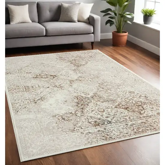 Beige Cream And Brown Damask Stain Resistant Area Rug Photo 1