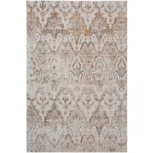 Photo of Beige Damask Stain Resistant Indoor Outdoor Area Rug