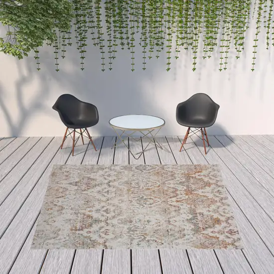 Beige Damask Stain Resistant Indoor Outdoor Area Rug Photo 2