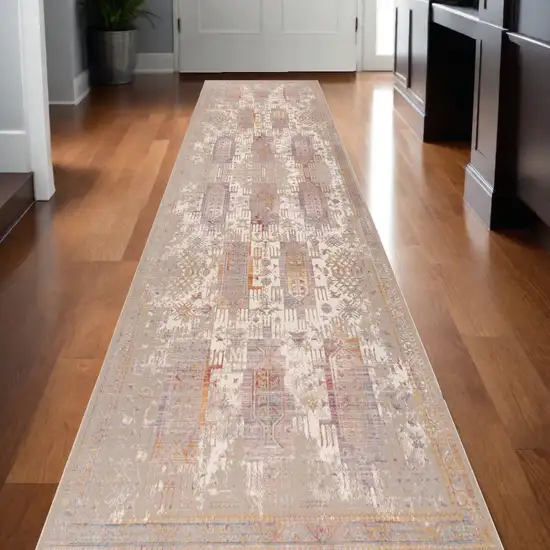 Beige and Ivory Medallion Power Loom Runner Rug Photo 1