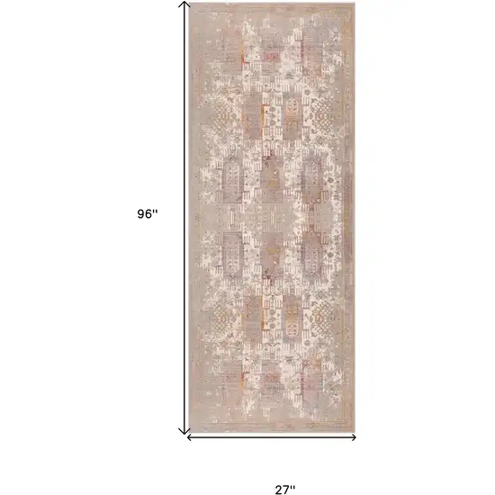 Beige and Ivory Medallion Power Loom Distressed Runner Rug Photo 3