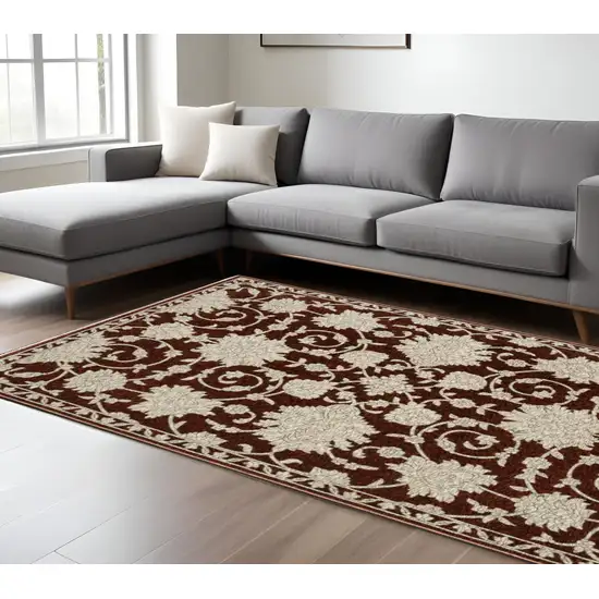 Beige Floral Area Rug With Fringe Photo 1