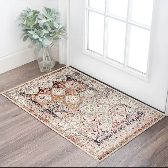 Beige Floral Medallion Power Loom Area Rug Photo 1