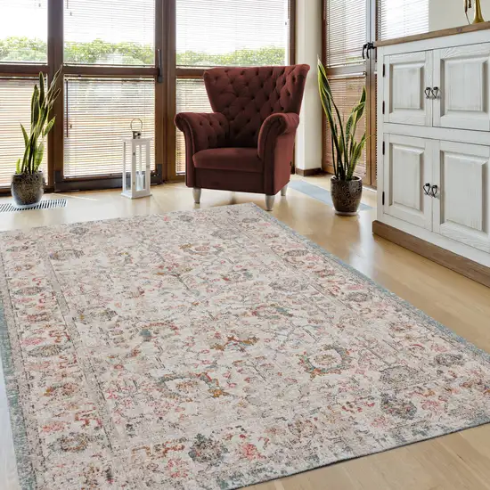 Beige Floral Stain Resistant Indoor Outdoor Area Rug Photo 7