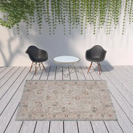 Beige Floral Stain Resistant Indoor Outdoor Area Rug Photo 2